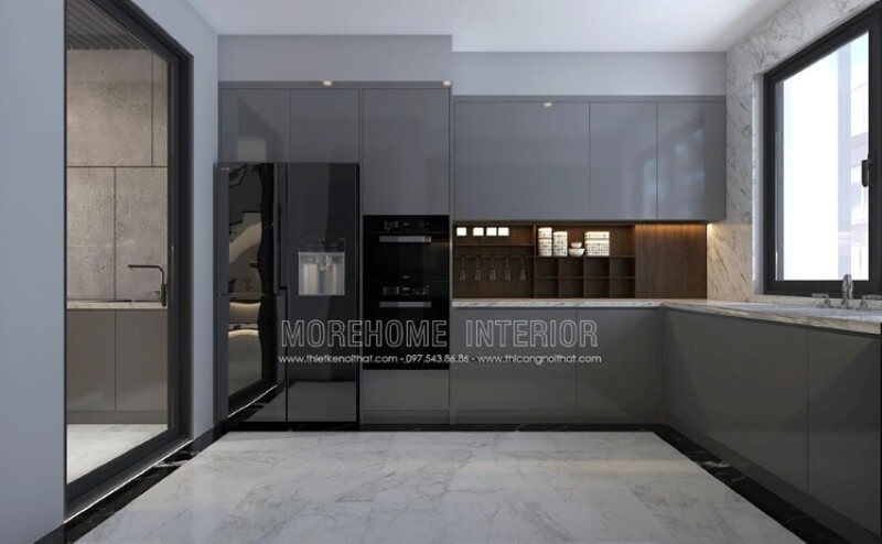 Mẫu tủ bếp gỗ công nghiệp acrylic màu xám đẹp mắt trong bố trí nội thất phòng bếp hiện đại sẽ là lựa chọn khá phù hợp với các không gian như chung cư, biệt thự, nhà phố. Thiết kế và sản xuất tủ bếp đẹp