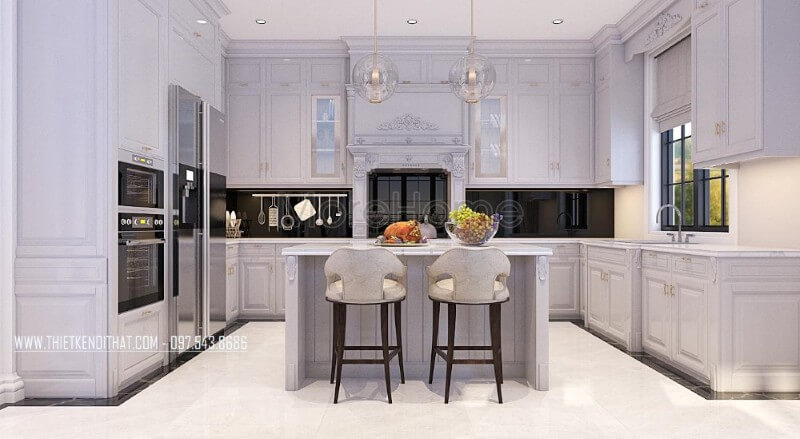 Tủ bếp chữ U cao cấp kết hợp với bàn đảo chính giữa tạo cho các bà, các mẹ dễ dàng nấu nướng và di chuyển, mang lại những bữa ăn nhanh chóng và ngon miệng hơn Thiết kế và sản xuất tủ bếp đẹp