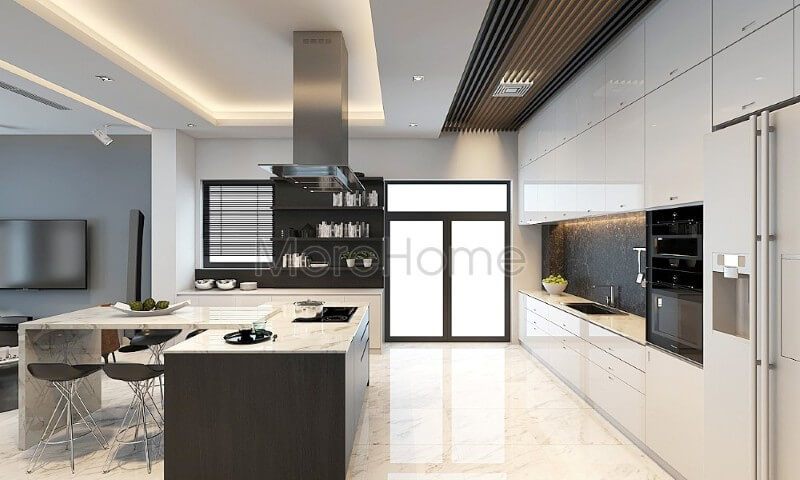 Mẫu tủ bếp chữ i gỗ An Cường hiện đại, liền kề là chiếc bàn đảo tích hợp công năng là bàn ăn phụ tạo tiện nghi cho chủ nhân ngôi nhà
