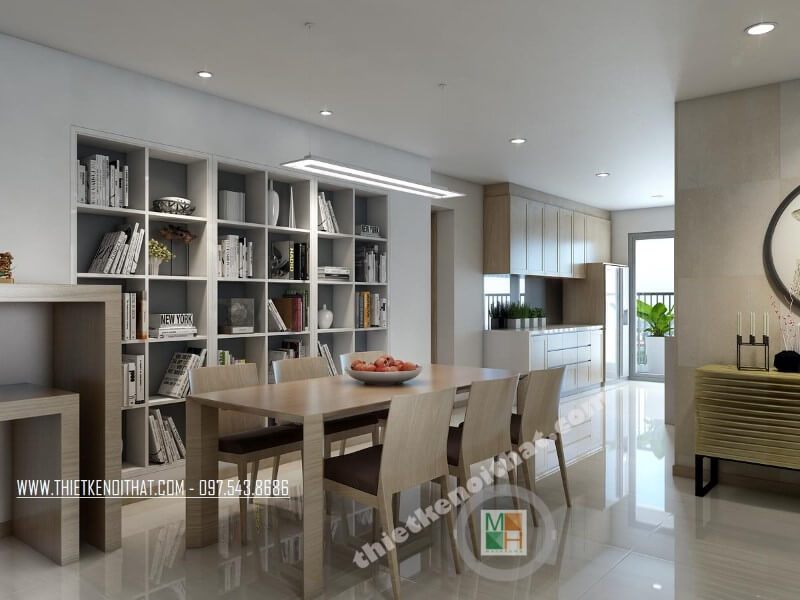 Thiết kế phòng ăn chung cư đẹp với bộ bàn ăn gỗ công nghiệp đơn giản tinh tế kết hợp với kệ sách gỗ liền kề.