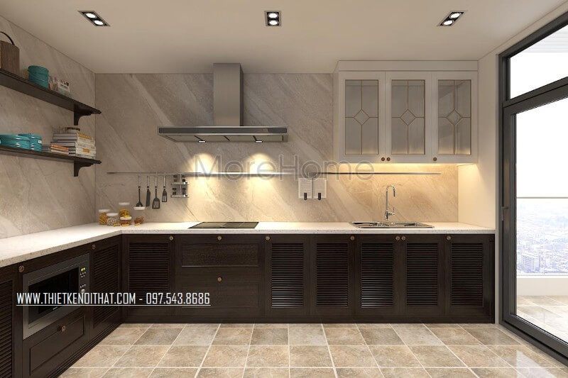 Khu vực nội trợ được ốp đá nhân tạo màu trắng tạo sự tinh tế đảm bảo an toàn vệ sinh và độ bền vượt trội cho khu vực nội trợ.