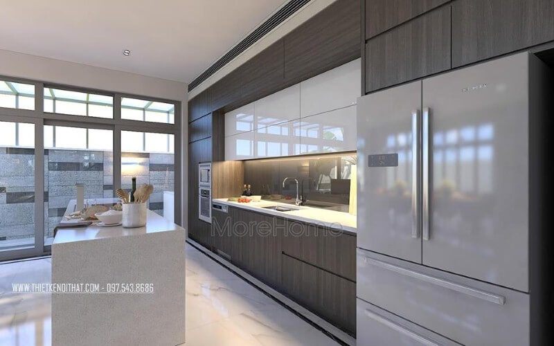 Bàn đảo đá trắng cao cấp lựa chọn ấn tượng cho không gian bếp hiện đại, sang trọng.