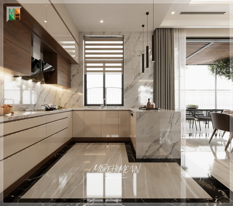 Đá ốp bếp vân mây độc đáo tạo hứng thú và động lực cho các mẹ vào bếp nấu những bữa ăn ngon cho cả gia đình.