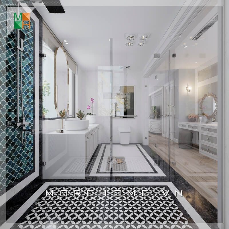 .
Phòng tắm được thiết kế bằng vách ngăn kính cao cấp, giúp phân chia khu vực giữa phòng ngủ và phòng tắm mà vẫn giữ được vẻ đẹp hiện đại sang trọng, phù hợp với biệt thự có diện tích phòng ngủ rộng.