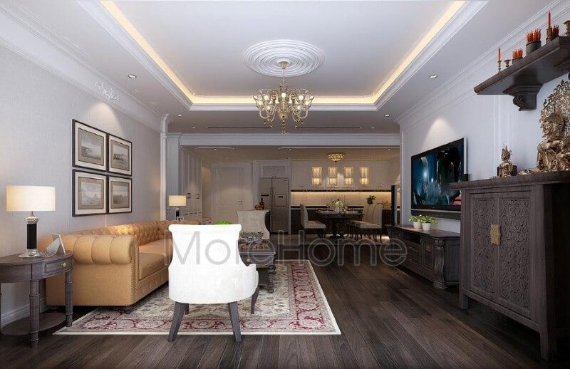 Phòng khách chung cư ấn tượng và nổi bật hơn với chiếc kệ ti vi gỗ óc chó tích hợp kệ decor trang trí